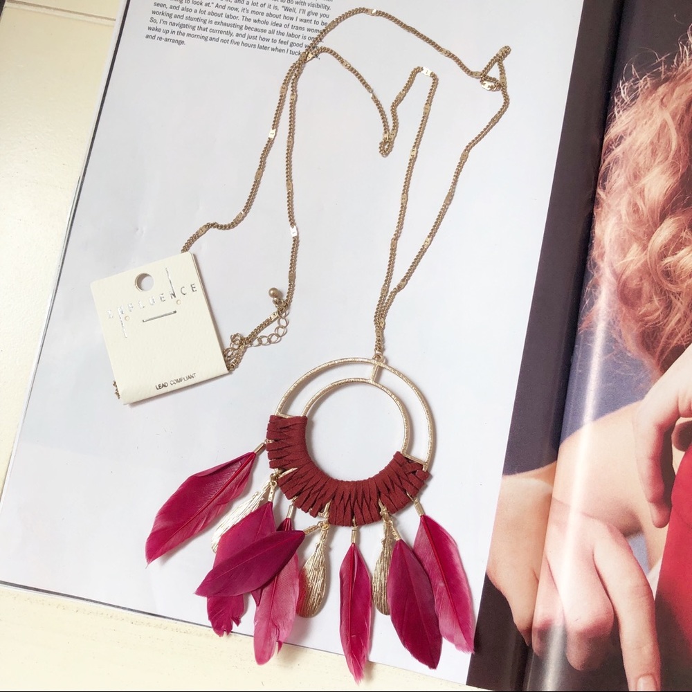 NEW Bohemian Feather Statement Necklace Burgundy